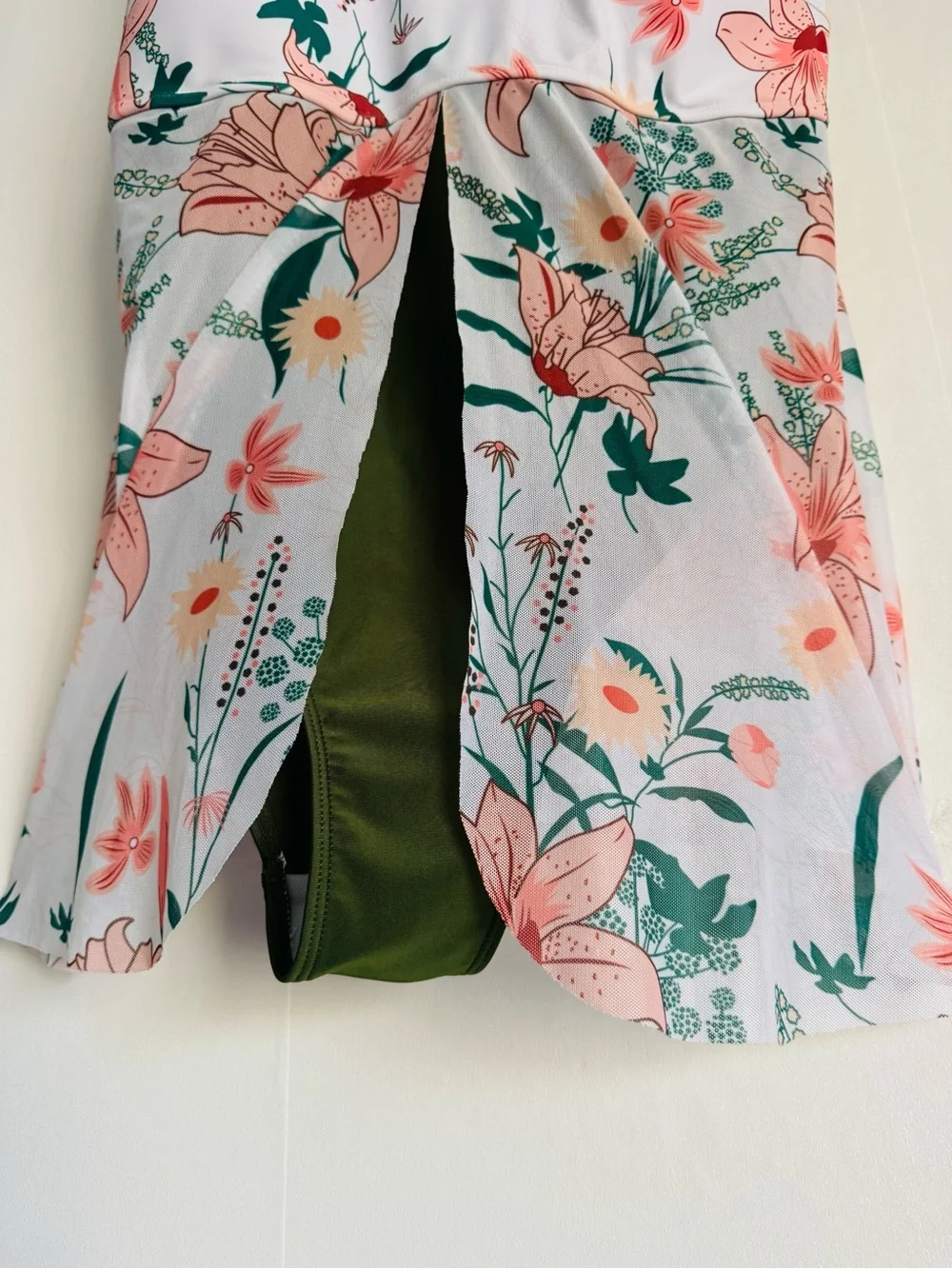 Floral Tankini Swim Top - White with Coral & Green Print